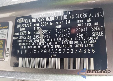 2018 Kia Sorento 2.4L L z USA, uszkodzony, nr VIN 5XYPG4A35JG374366